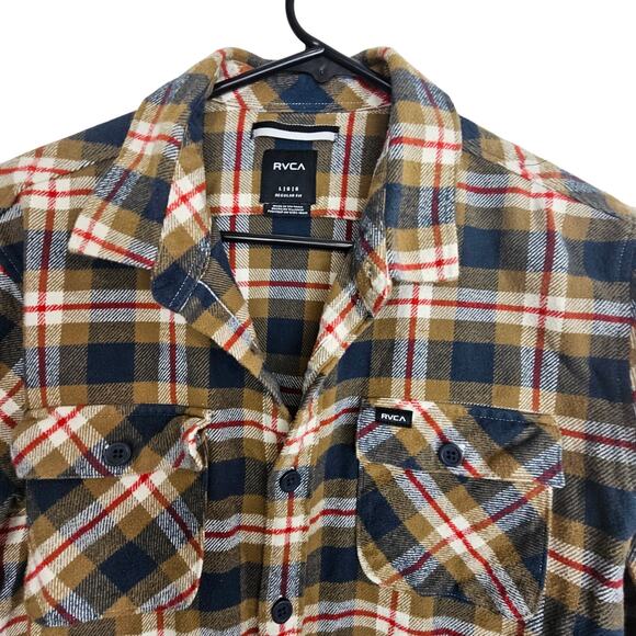 RVCA Flannel Shirt Mens L Brown Blue Plaid Button Front Heavyweight Regular Fit - Picture 2 of 8